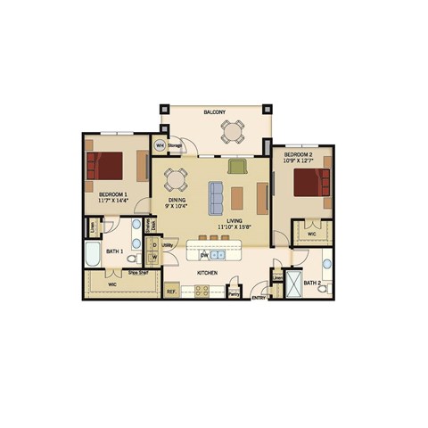 Floor plan for 2 beds, 2 baths, 1216 sqft